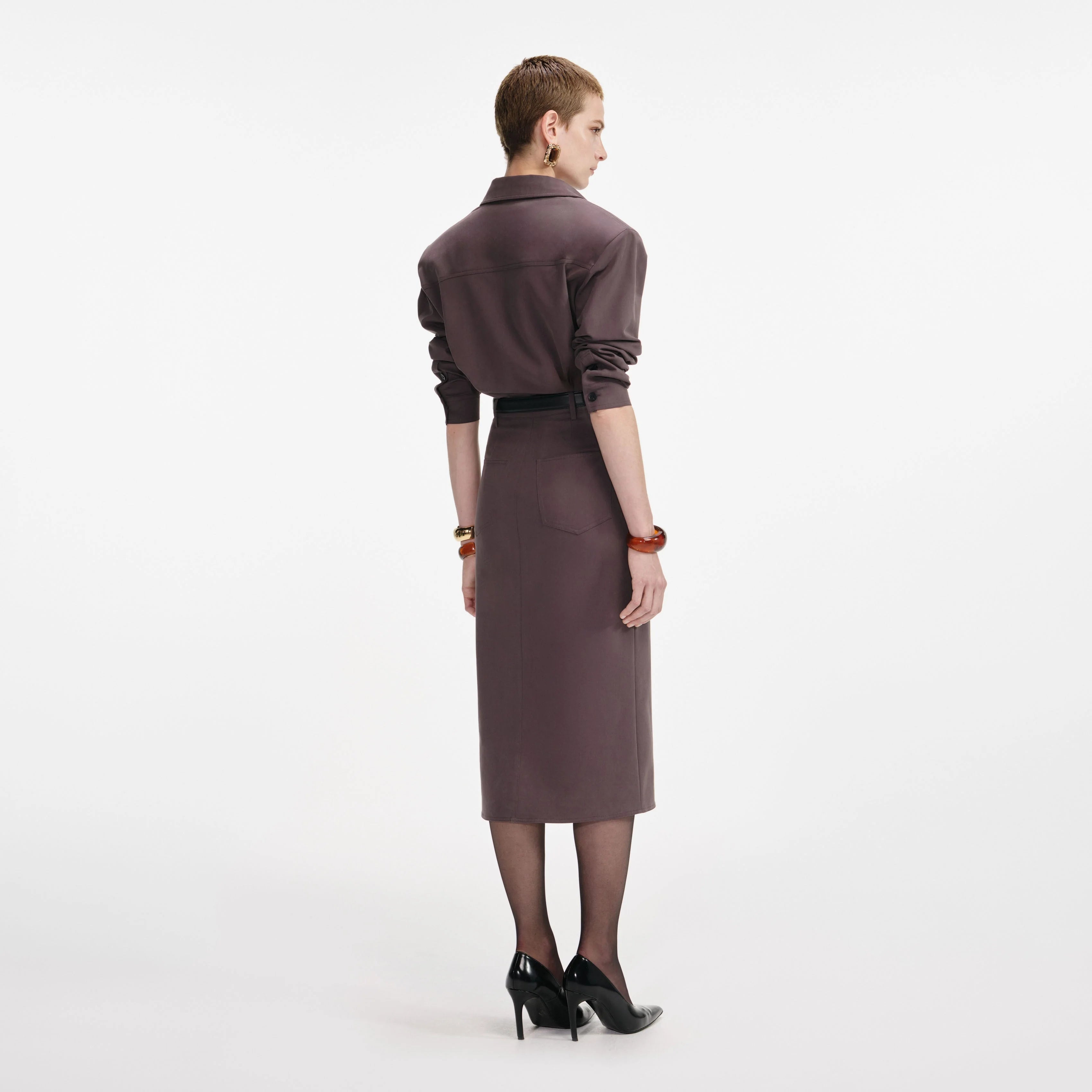 Brown Cotton Belted Midi Dress