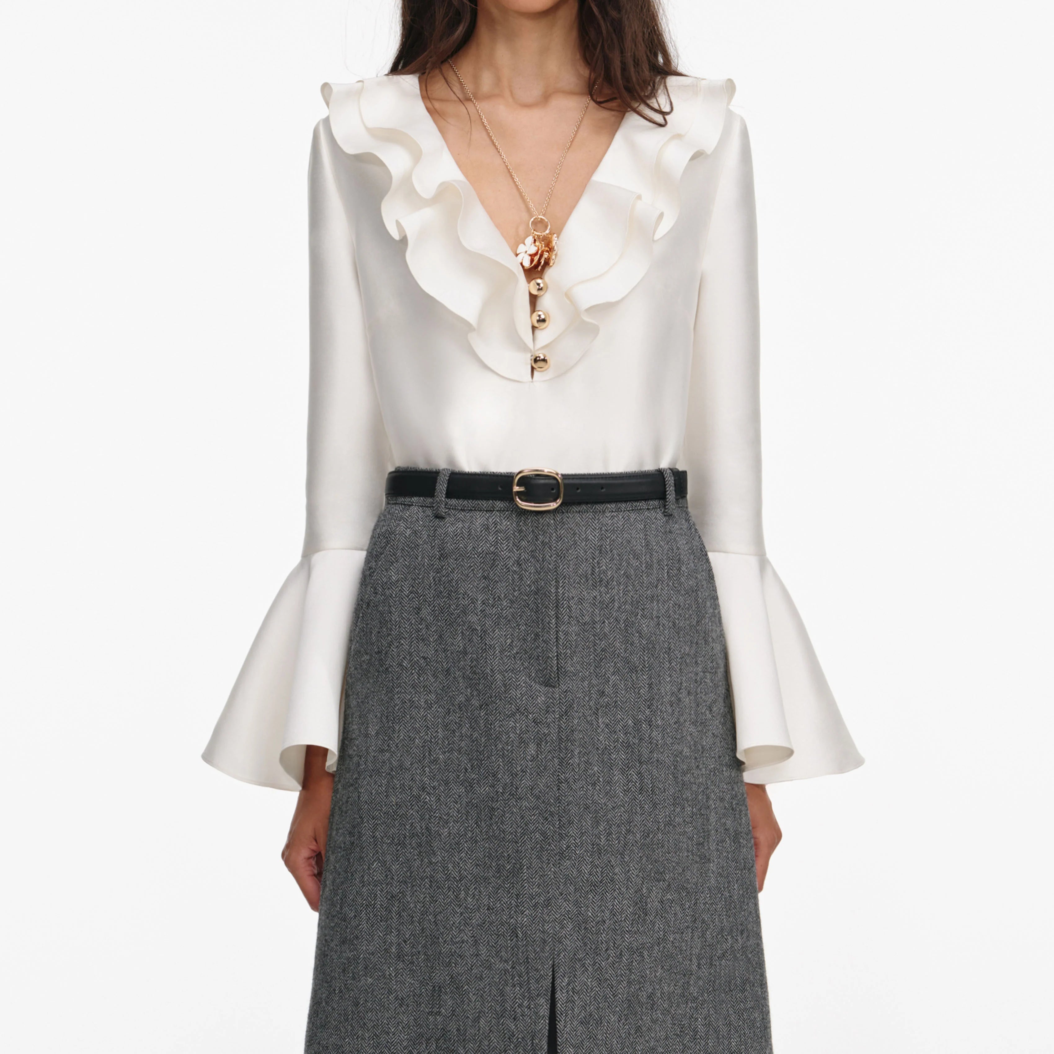 Grey Herringbone Midi Skirt
