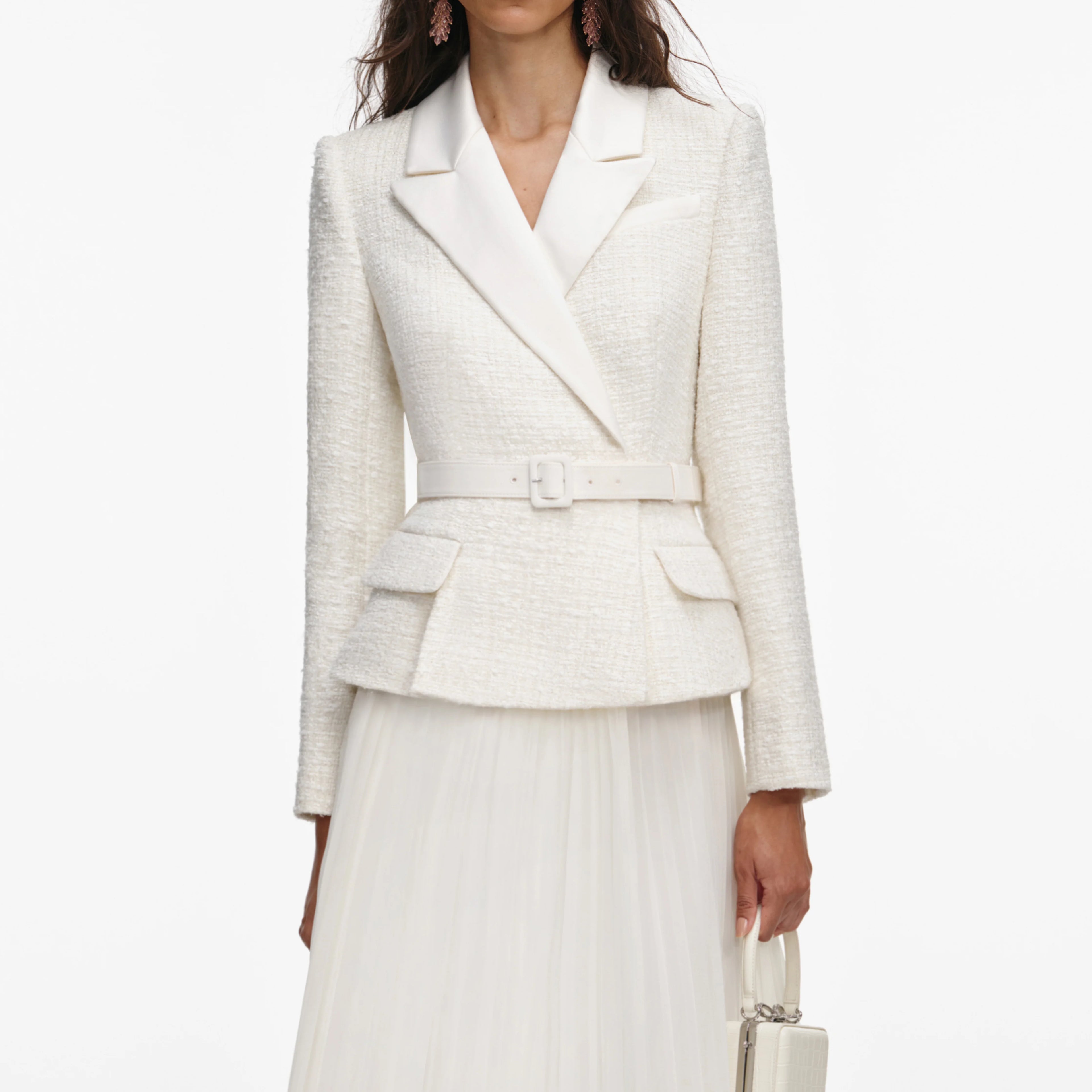 Cream Tailored Boucl¨¦ And Chiffon Midi Dress