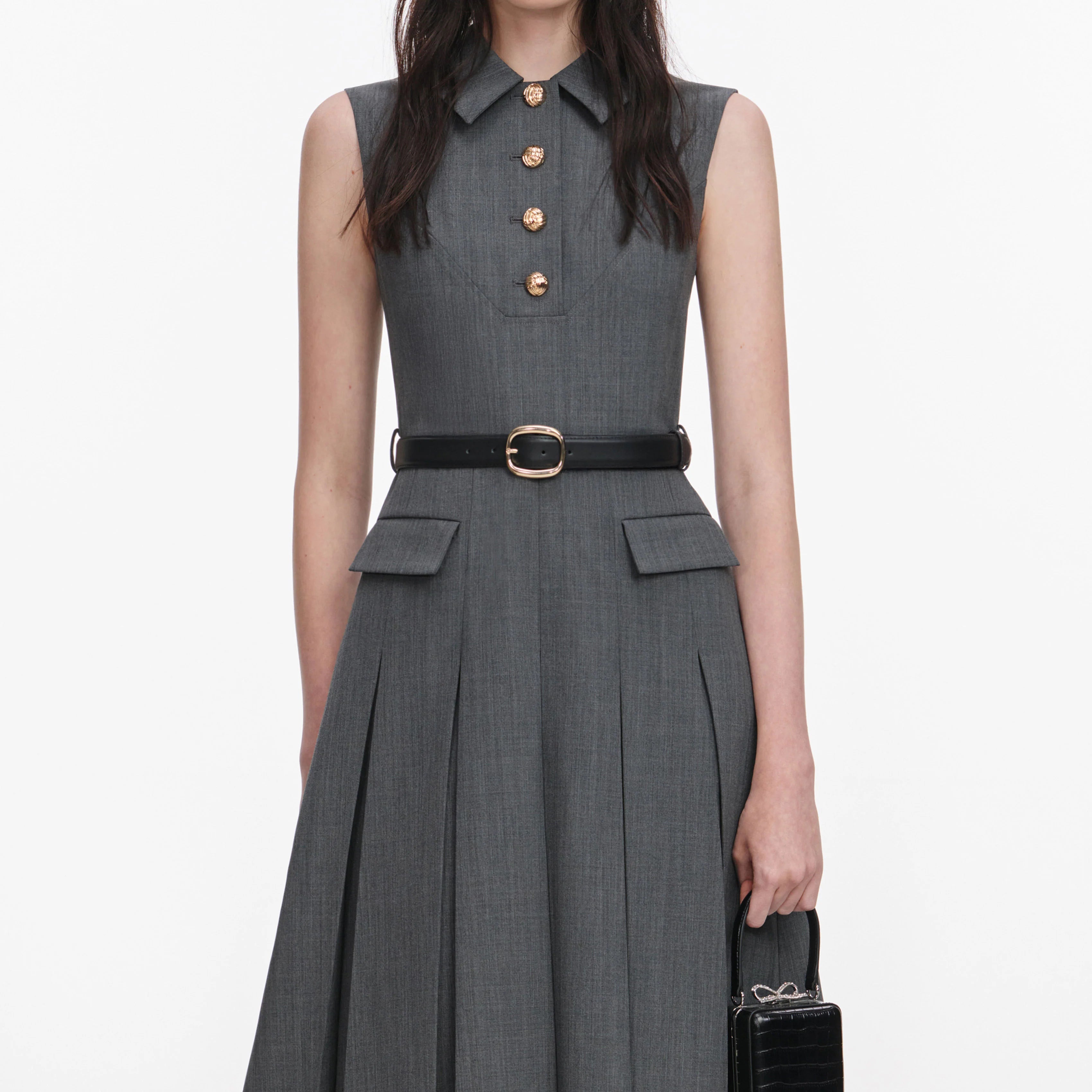 Grey Tailored Pleated Midi Dress