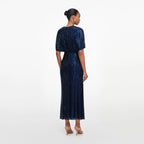 Navy Rhinestone Cape Sleeve Midi Dress