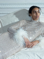 Champagne Rhinestone Feather Midi Dress