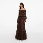 Brown Georgette Off Shoulder Maxi Dress