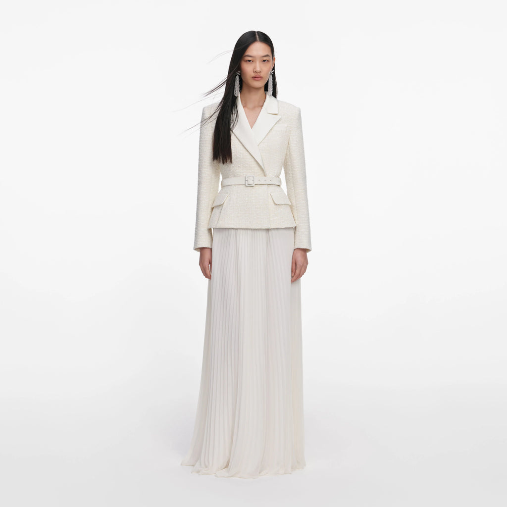 Cream Tailored Boucle Chiffon Maxi Dress