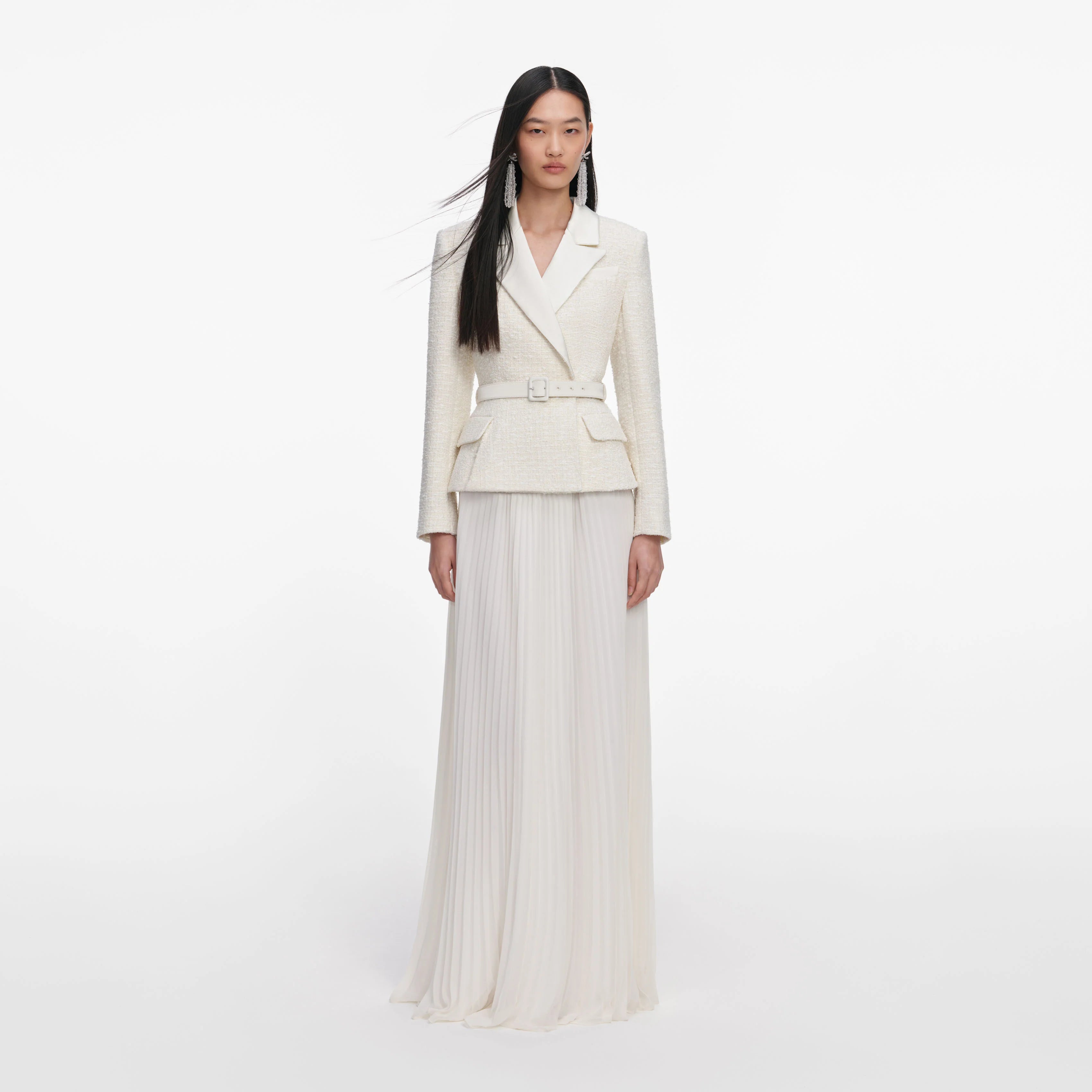 Cream Tailored Boucle Chiffon Maxi Dress