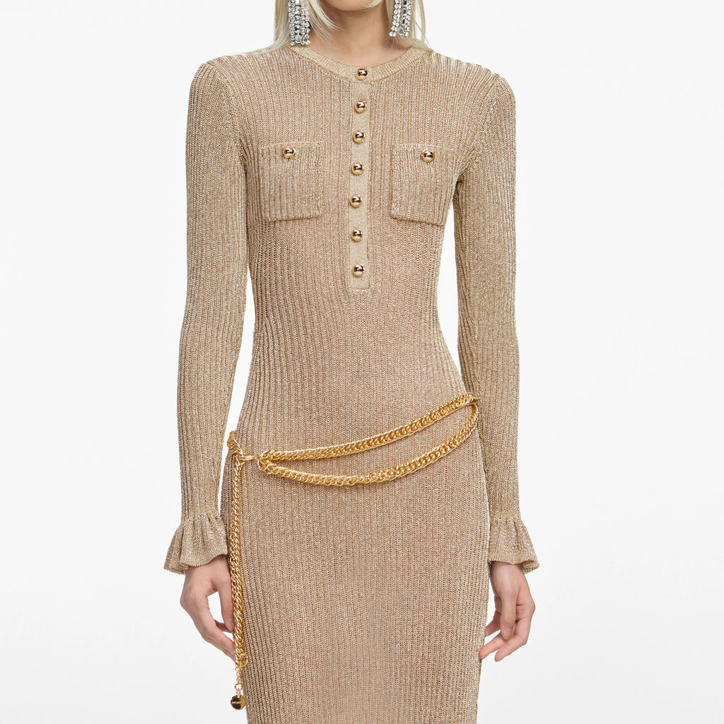 Gold Lurex Ribbed Knit Midi Dress