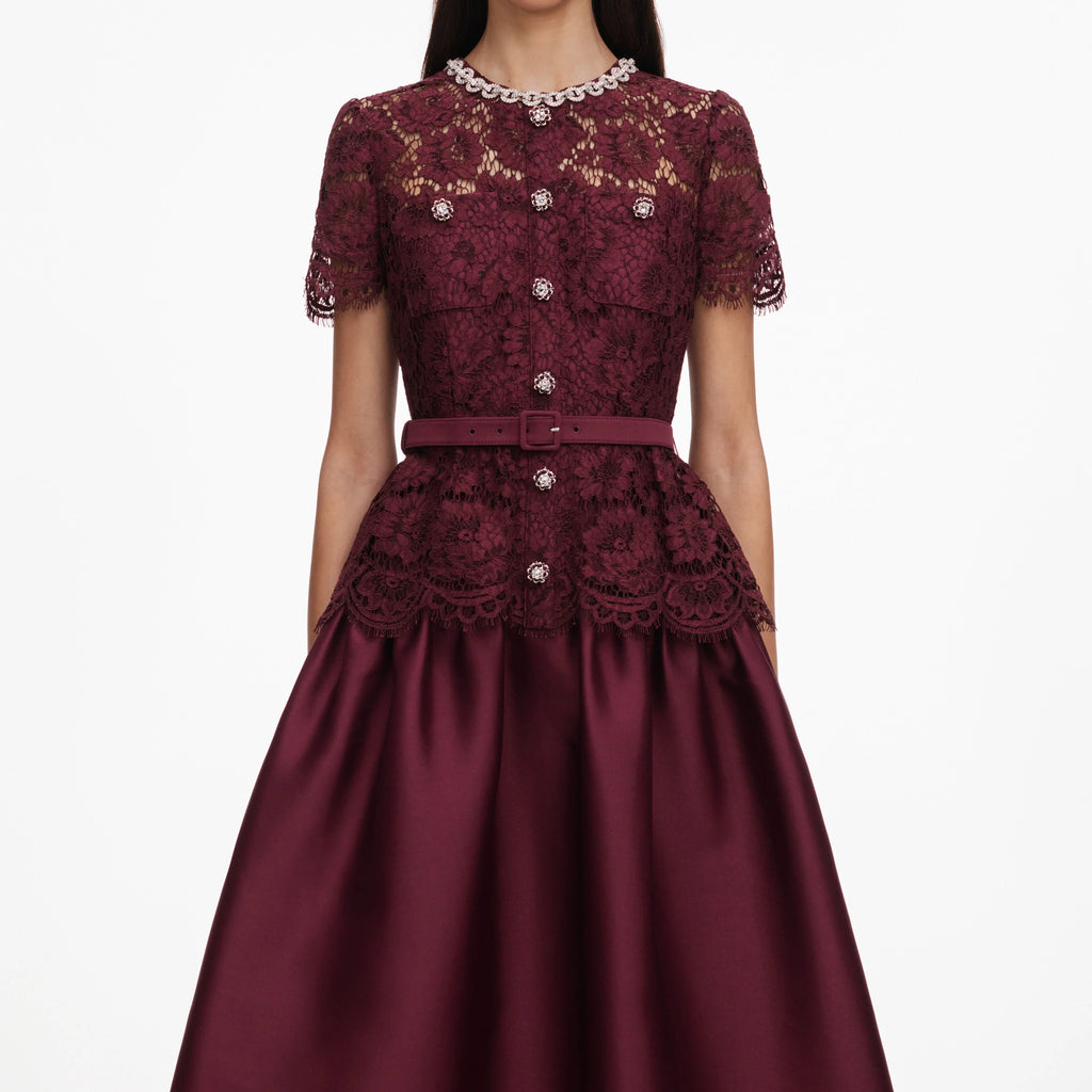 Burgundy Lace Taffeta Midi Dress
