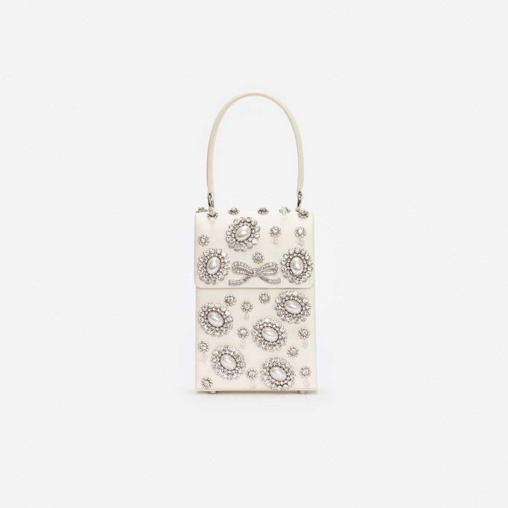 Cream Satin Crystal Mini Bow Bag
