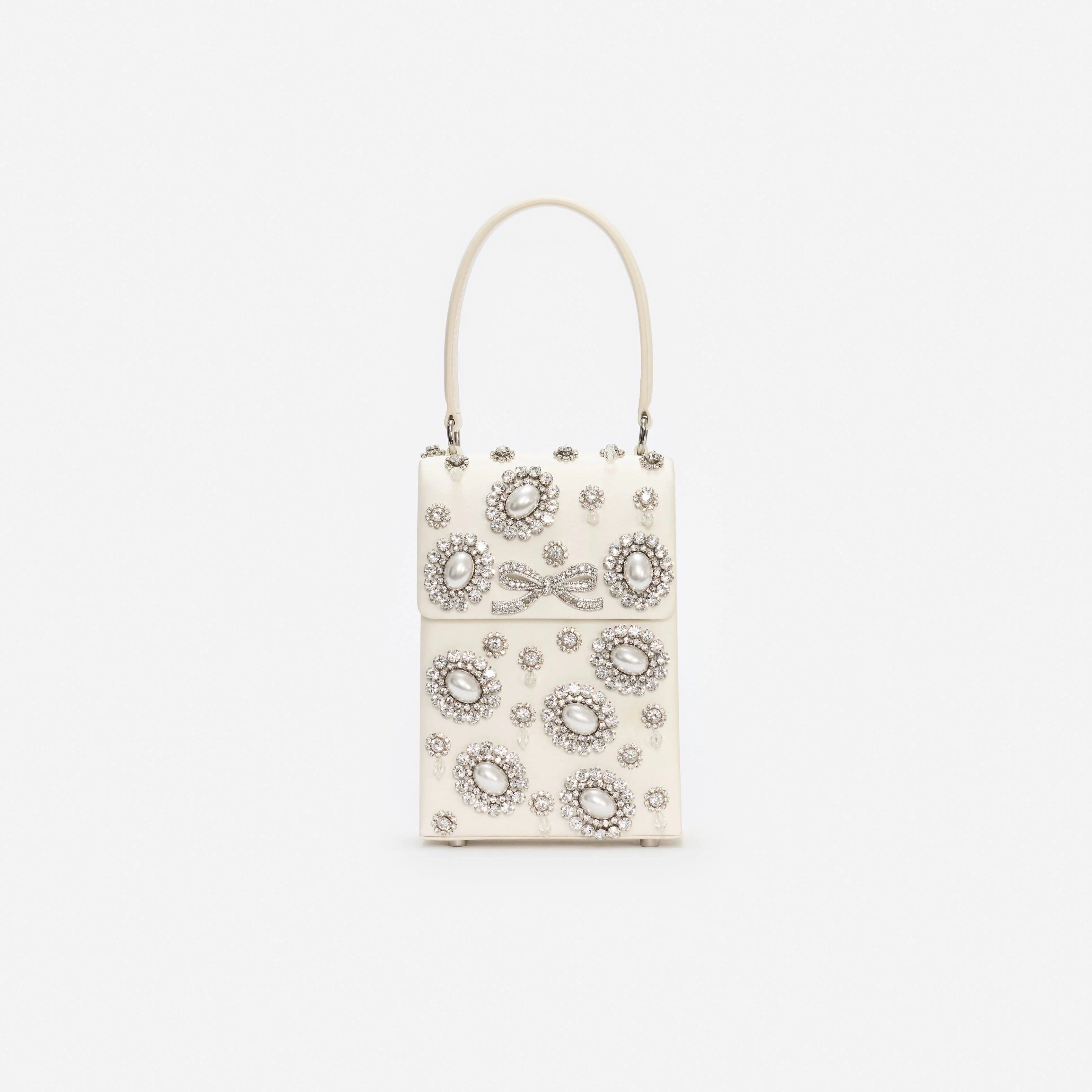 Cream Satin Crystal Mini Bow Bag
