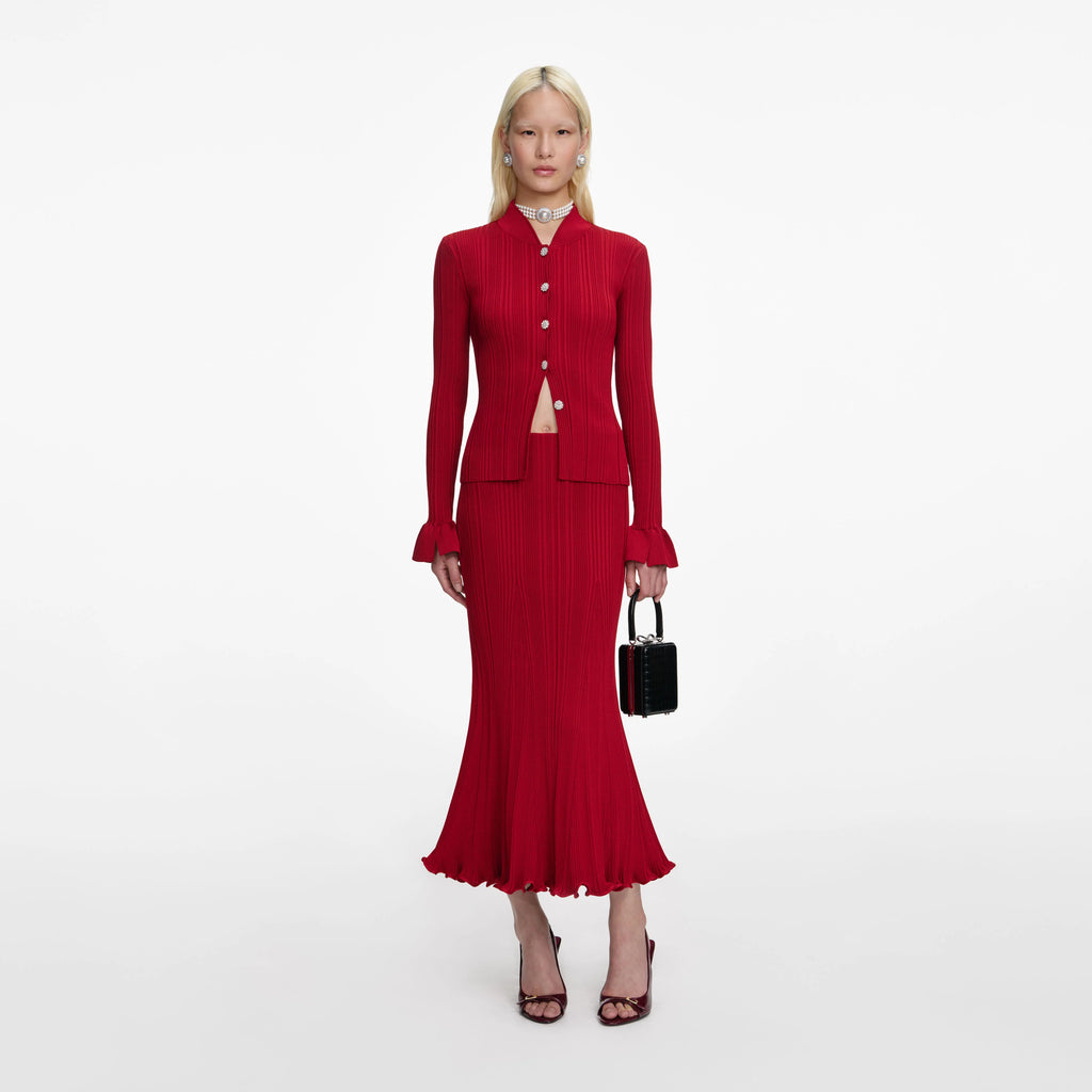 Red Viscose Knit Midi Skirt