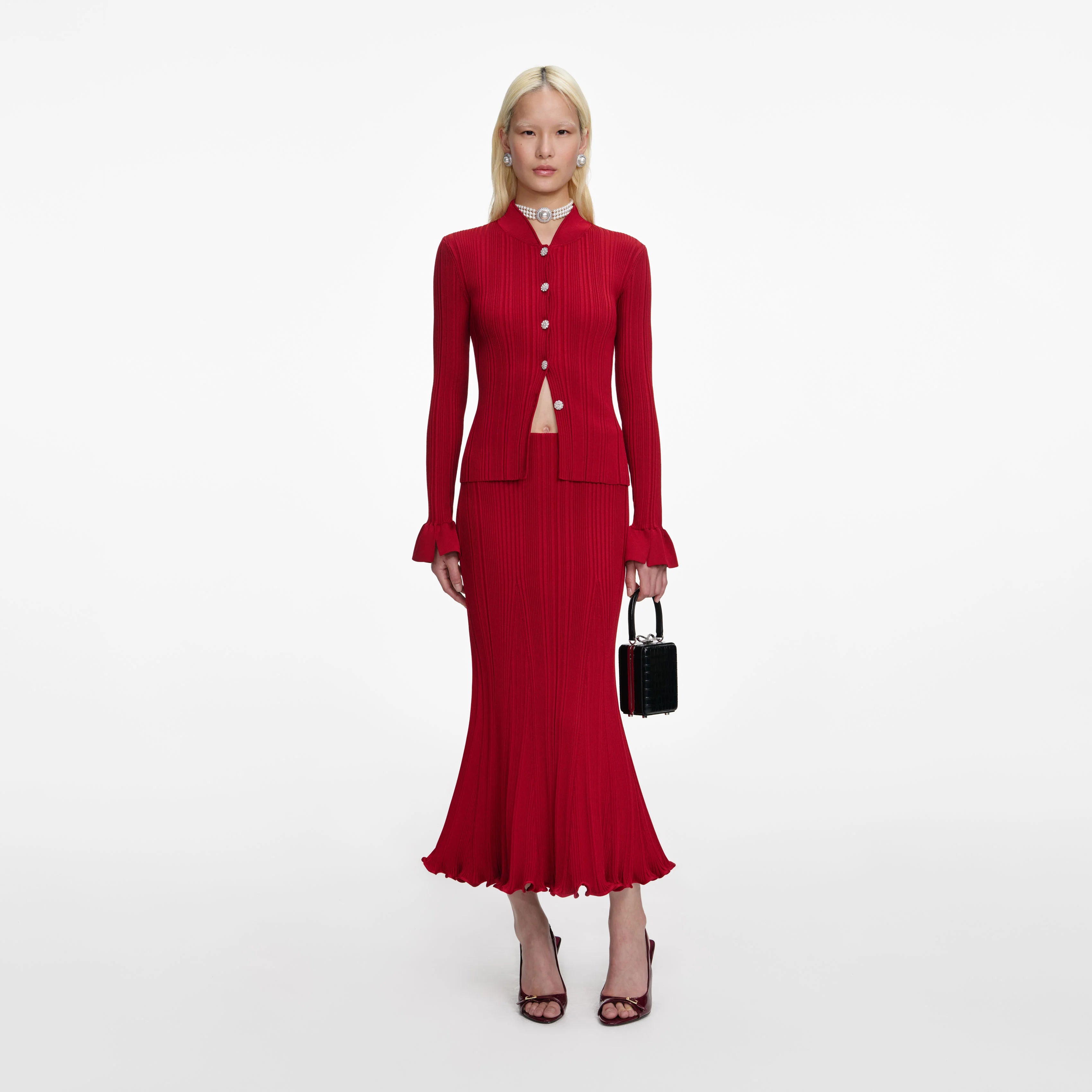 Red Viscose Knit Midi Skirt