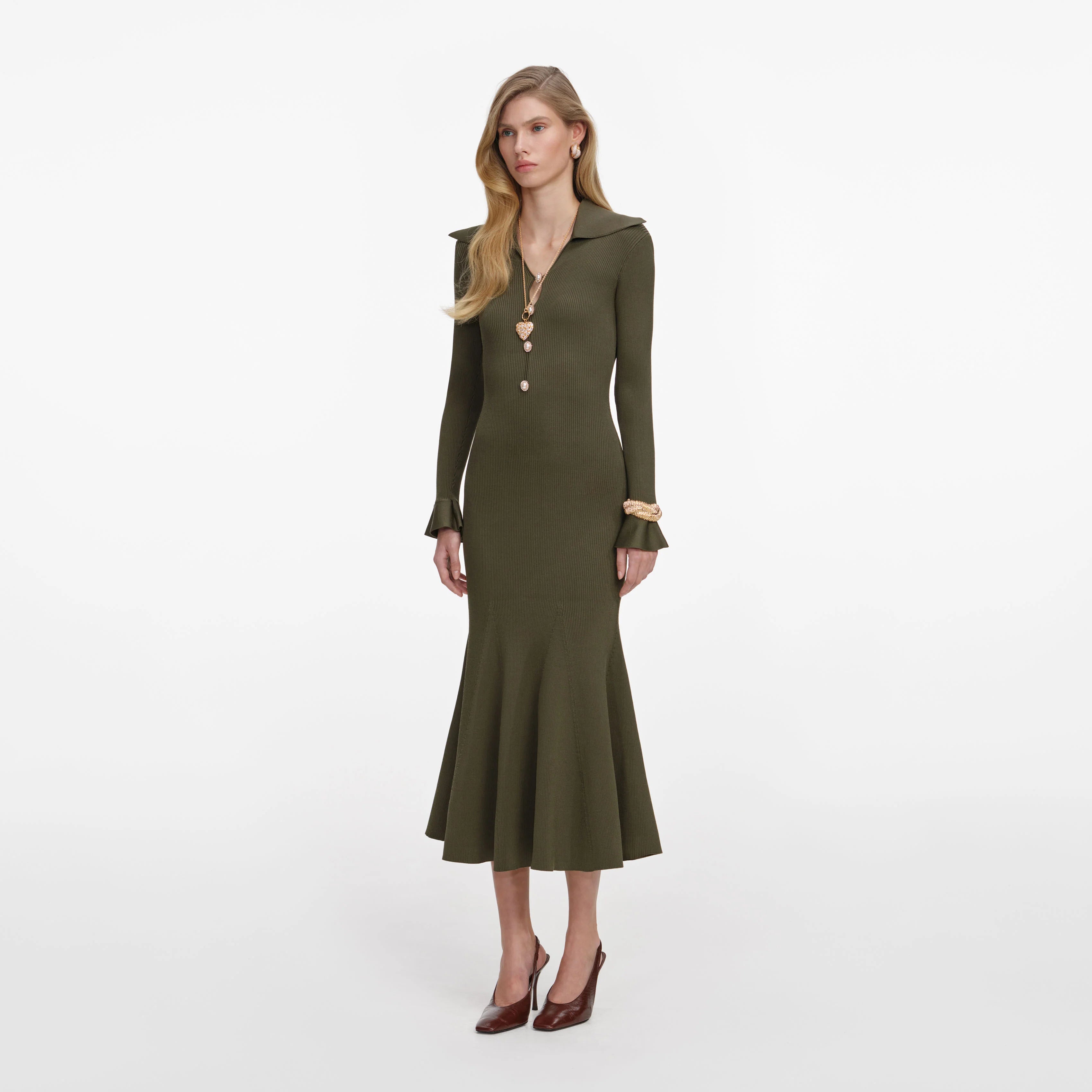 Khaki Pointelle Knit Midi Dress