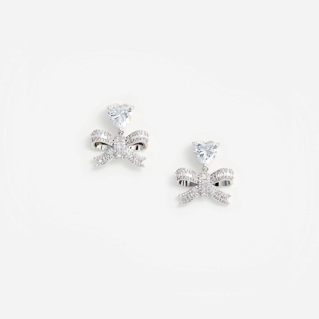 Crystal Heart Bow Drop Earrings