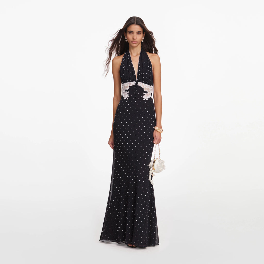Black Polka Dot Halter Neck Maxi Dress
