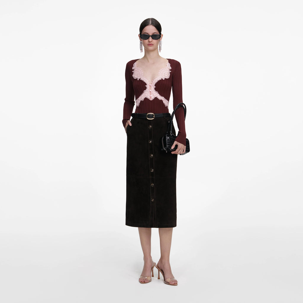 Brown Contrast Lace Knit Top