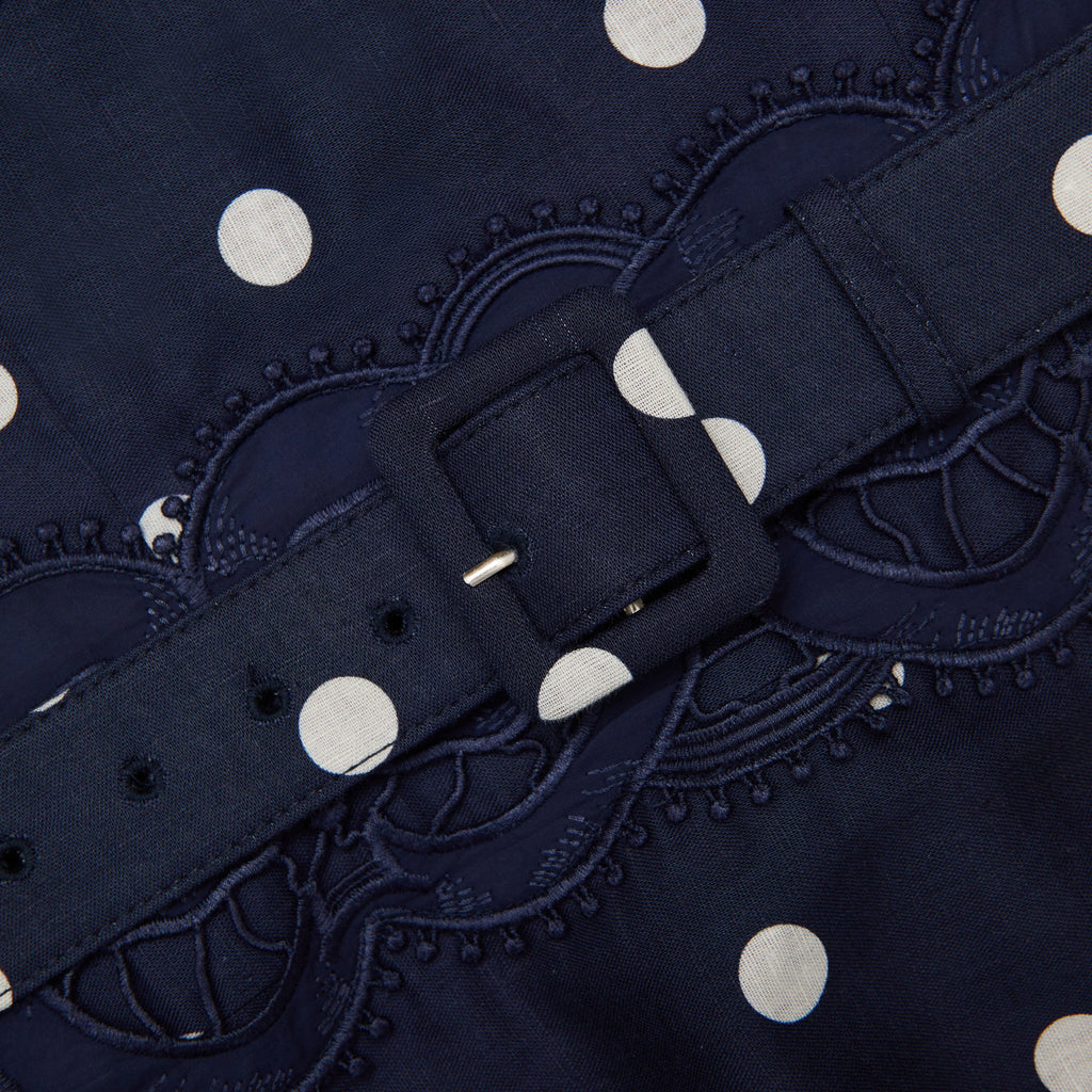 Navy Polka Dot Linen Midi Dress