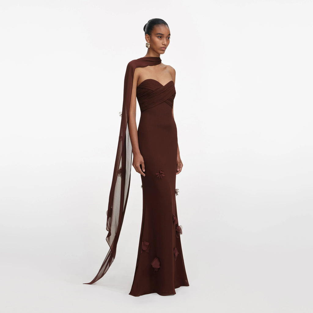 Brown Georgette Flower Maxi Dress