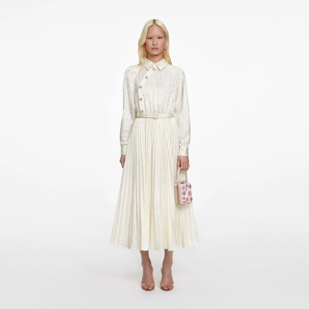 Cream Satin Jacquard Midi Dress