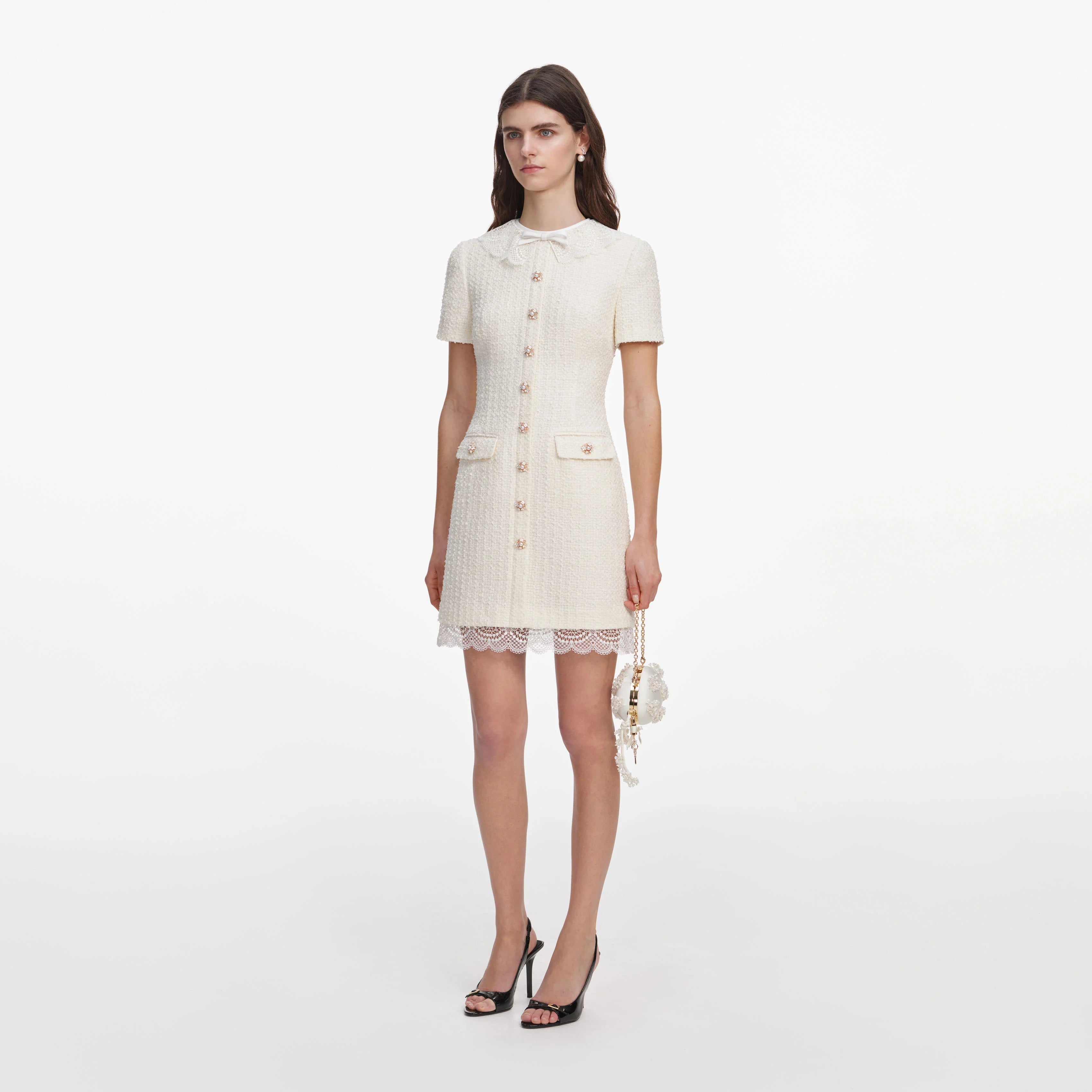 Cream Boucle Lace Trim Tailored Mini Dress