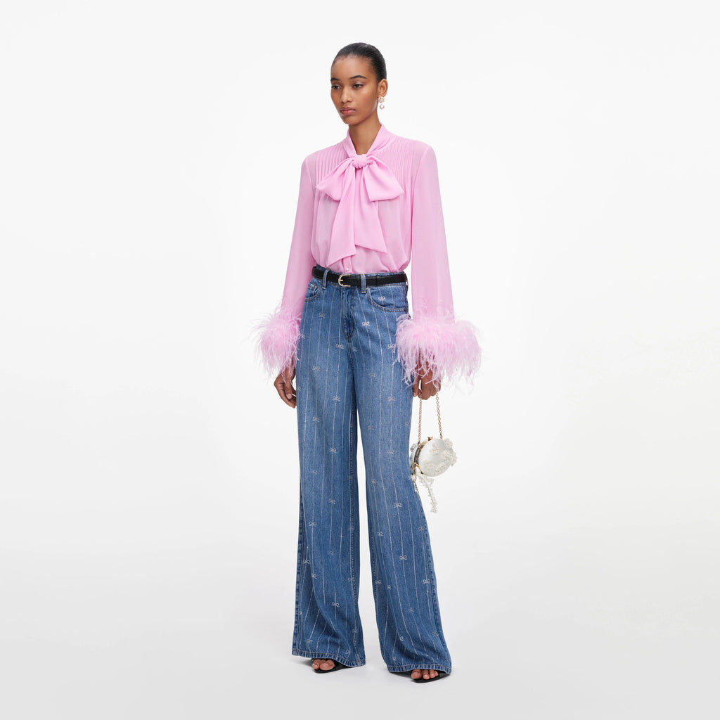 Pink Georgette Feather Cuff Blouse