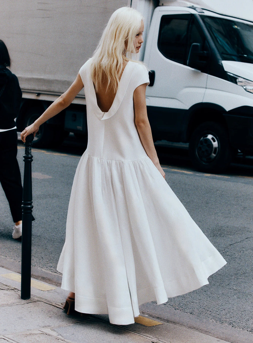 White Satin Ramie Midi Dress