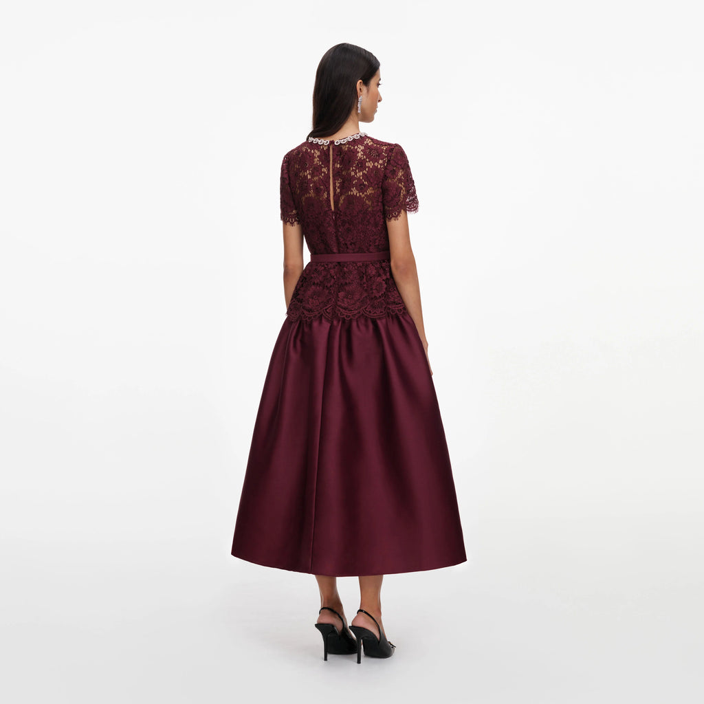 Burgundy Lace Taffeta Midi Dress