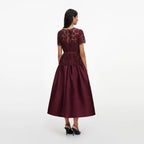 Burgundy Lace Taffeta Midi Dress