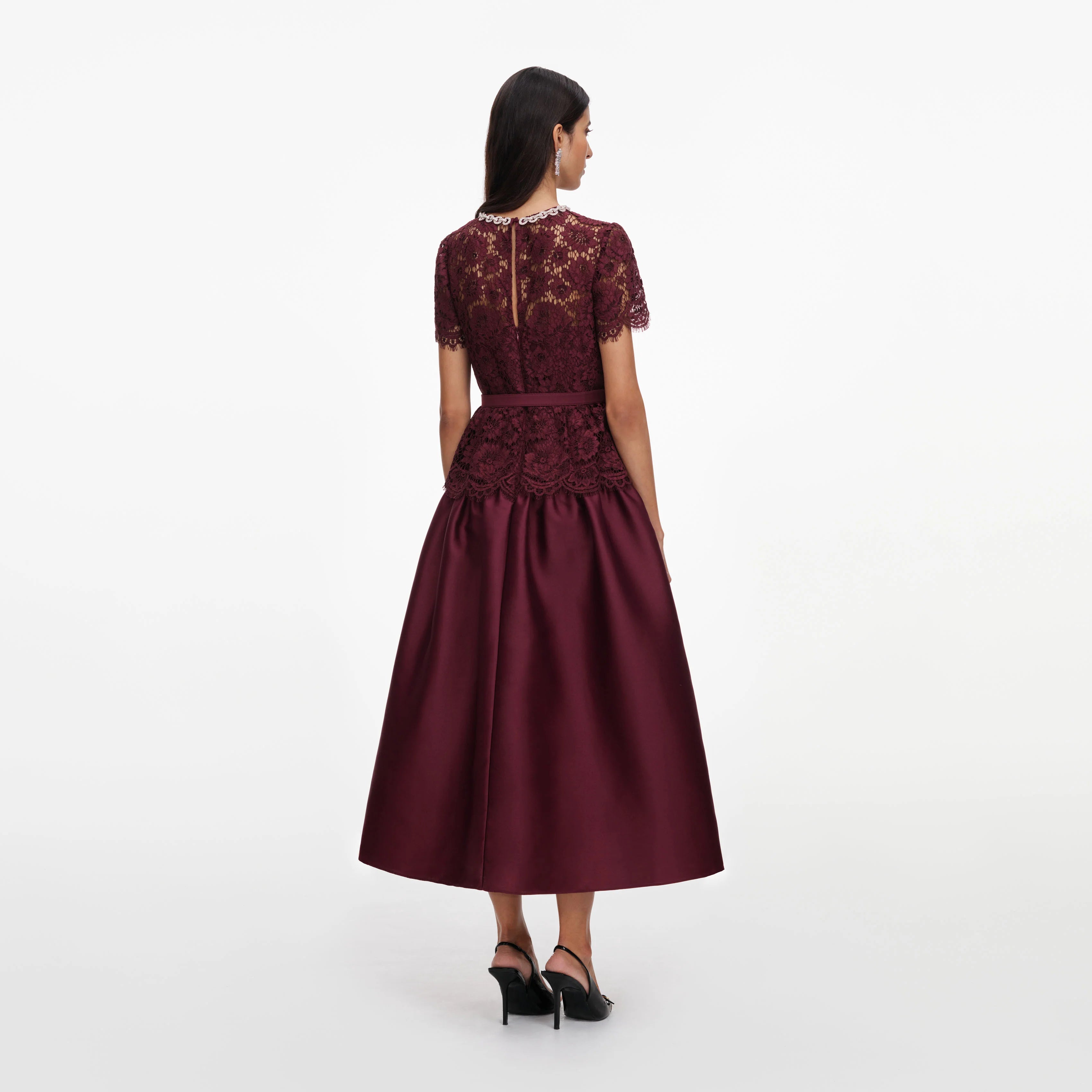 Burgundy Lace Taffeta Midi Dress