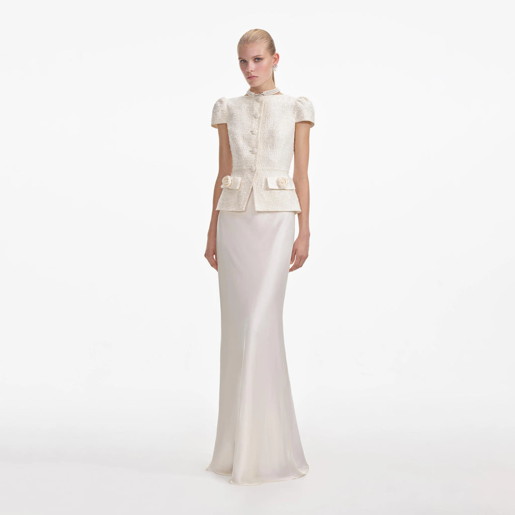 Cream Boucle Bow Detail Maxi Dress