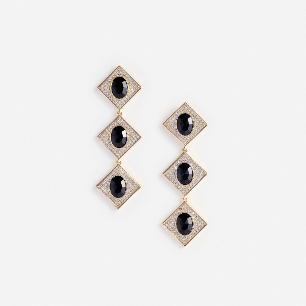 Gold Crystal Black Tiered Earrings
