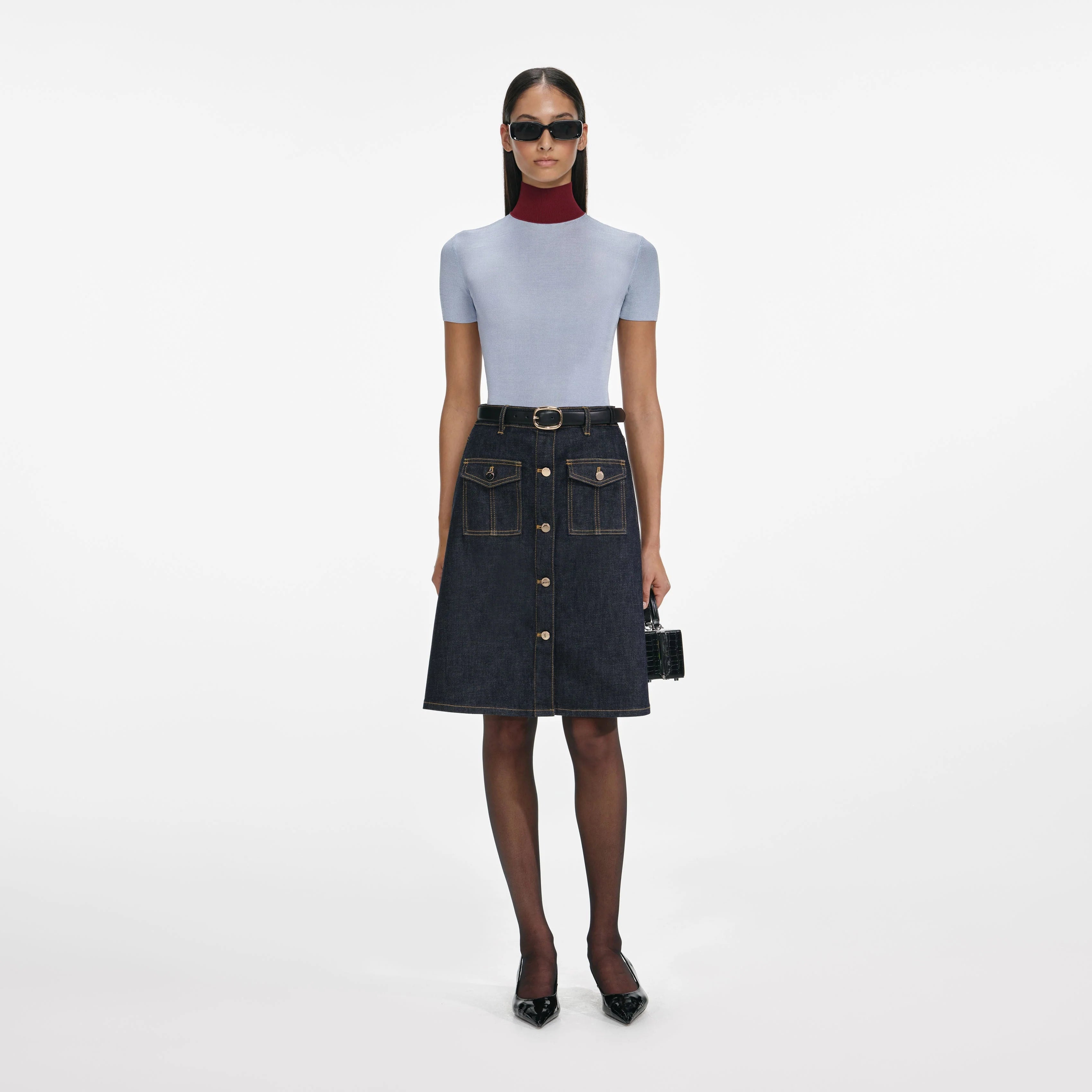 Indigo Denim Belted Midi Skirt