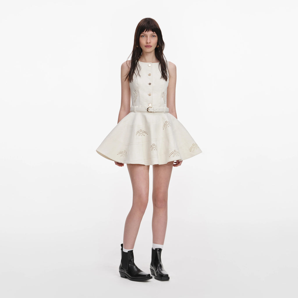 Cream Broderie Denim Sleeveless Mini Dress