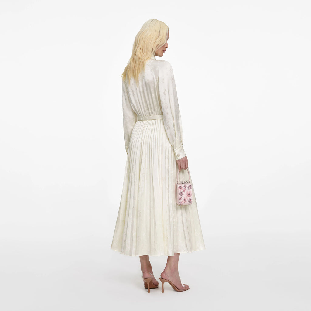 Cream Satin Jacquard Midi Dress