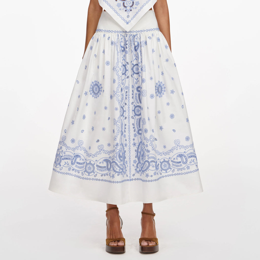 White And Blue Embroidered Midi Skirt