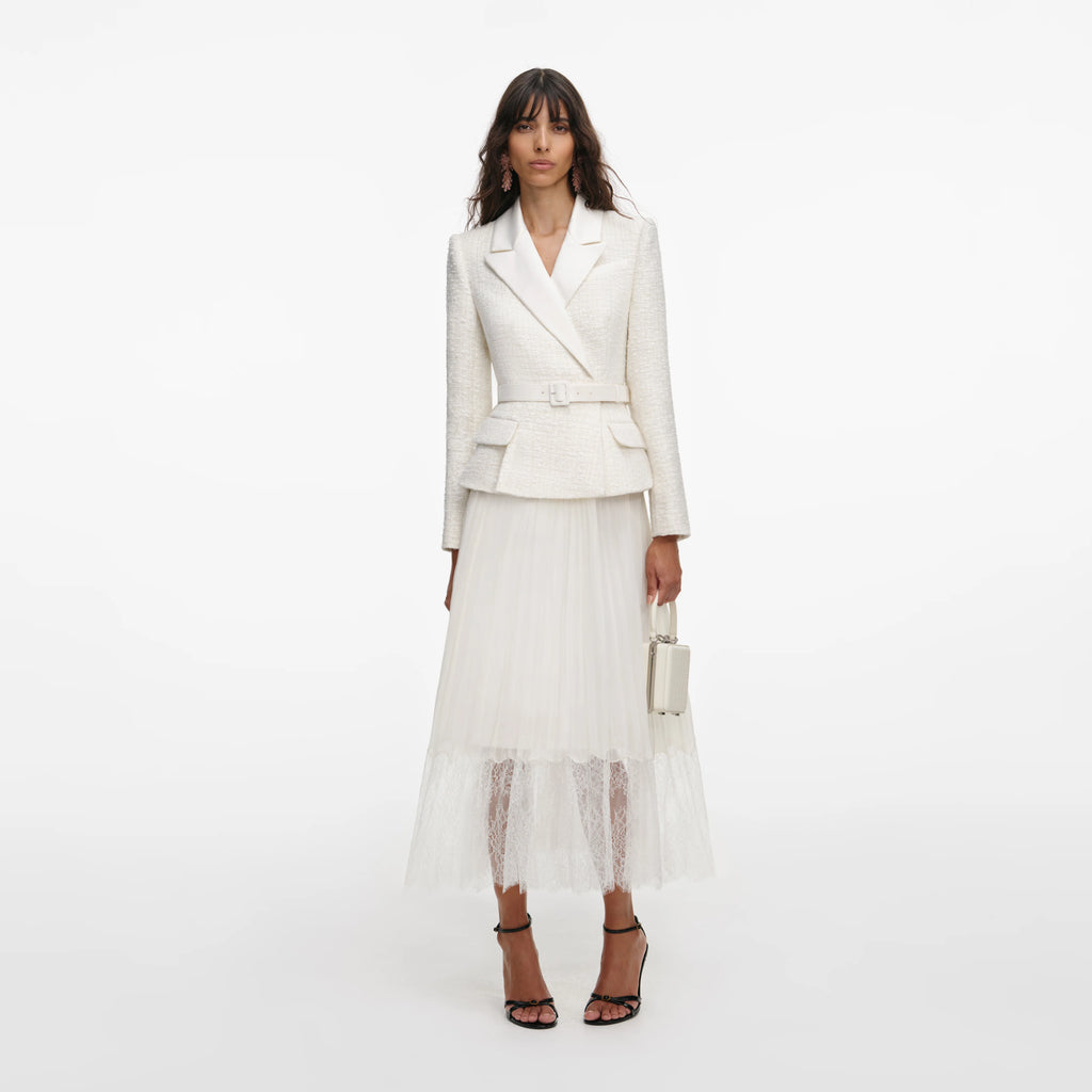 Cream Tailored Boucl¨¦ And Chiffon Midi Dress