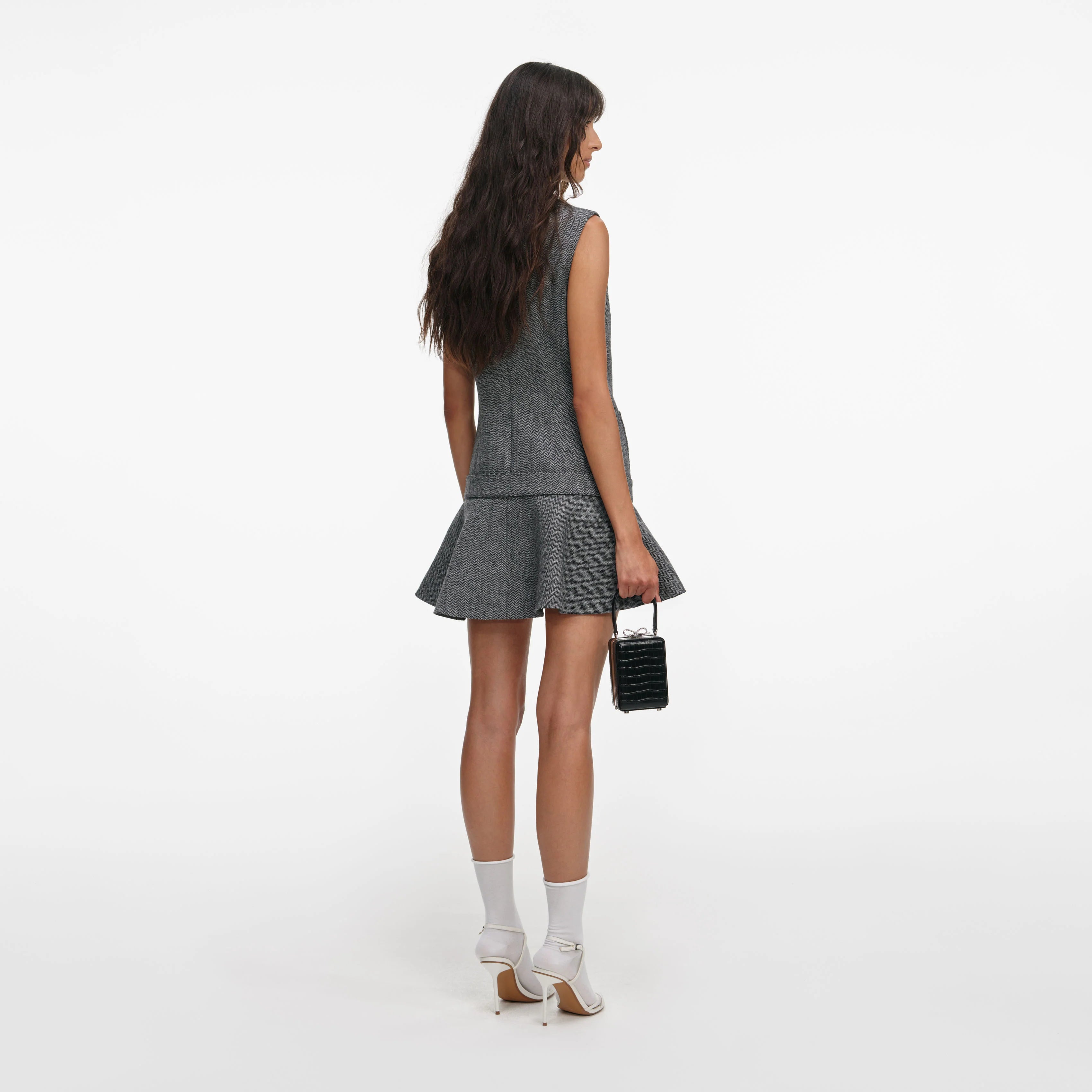 Grey Herringbone Flared Mini Dress