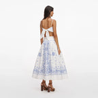 White And Blue Embroidered Midi Skirt