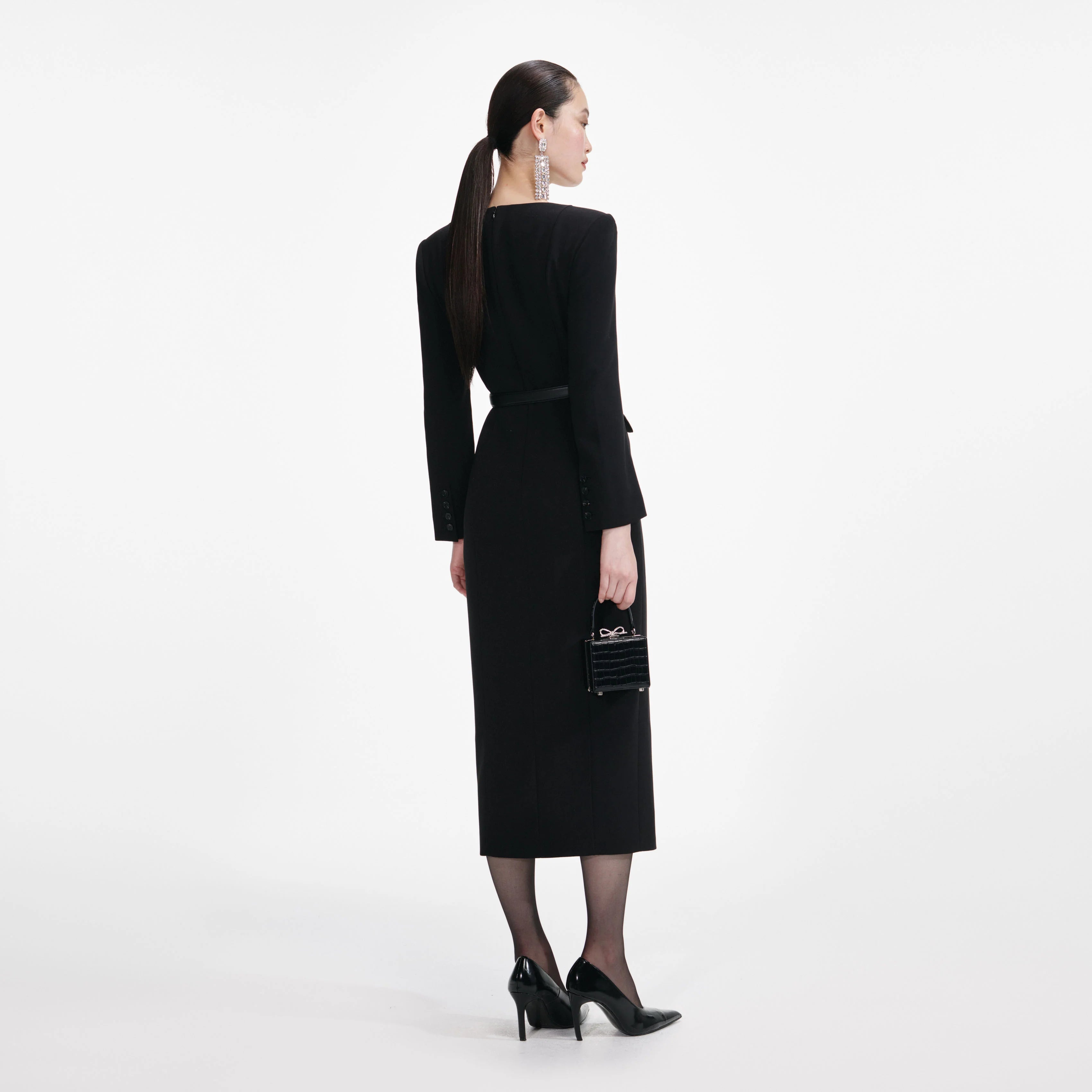Black Tailored Crepe Midi Dress