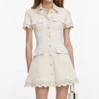 Cream Broderie Collared Denim Mini Dress
