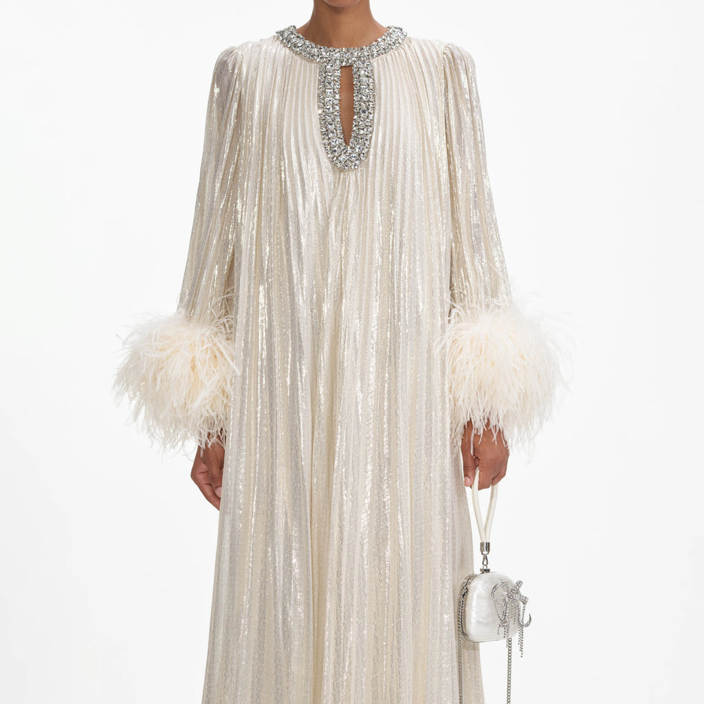 Gold Metallic Feather Maxi Dress