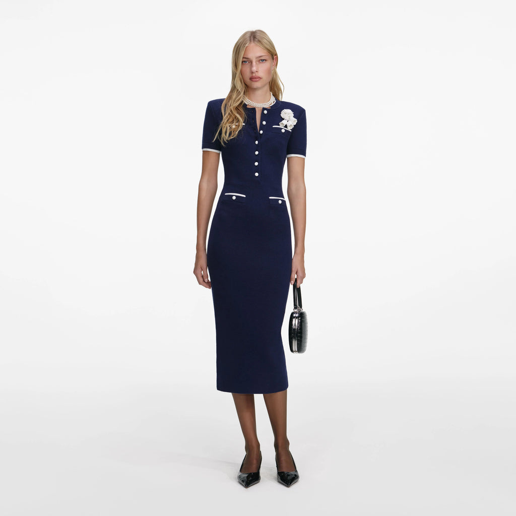 Navy Crochet Flower Knit Midi Dress