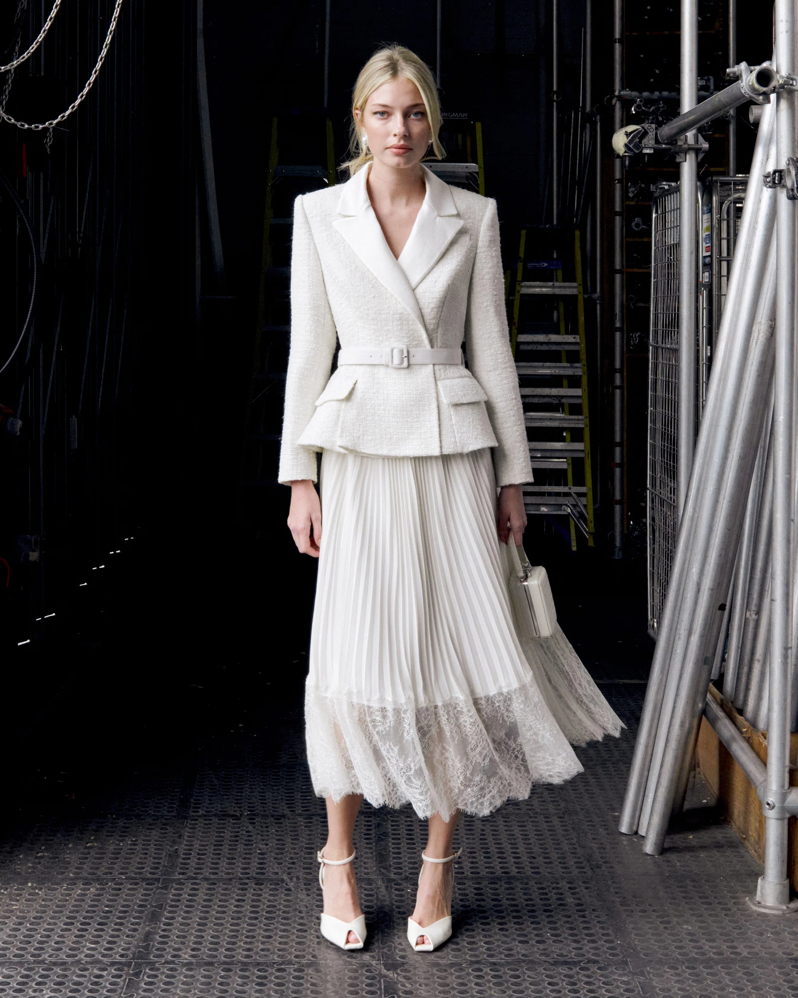 Cream Tailored Boucl¨¦ And Chiffon Midi Dress