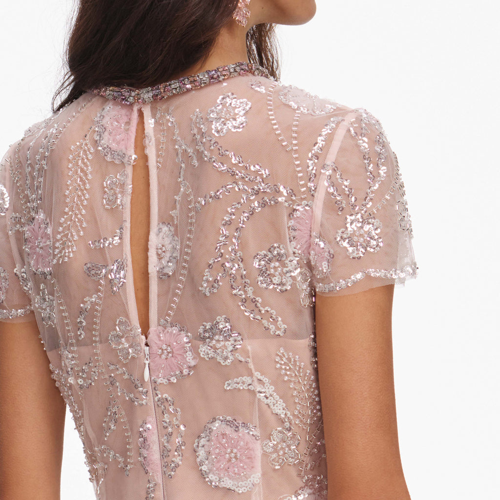 Pink Flower Sequin Embellished Midi Dress