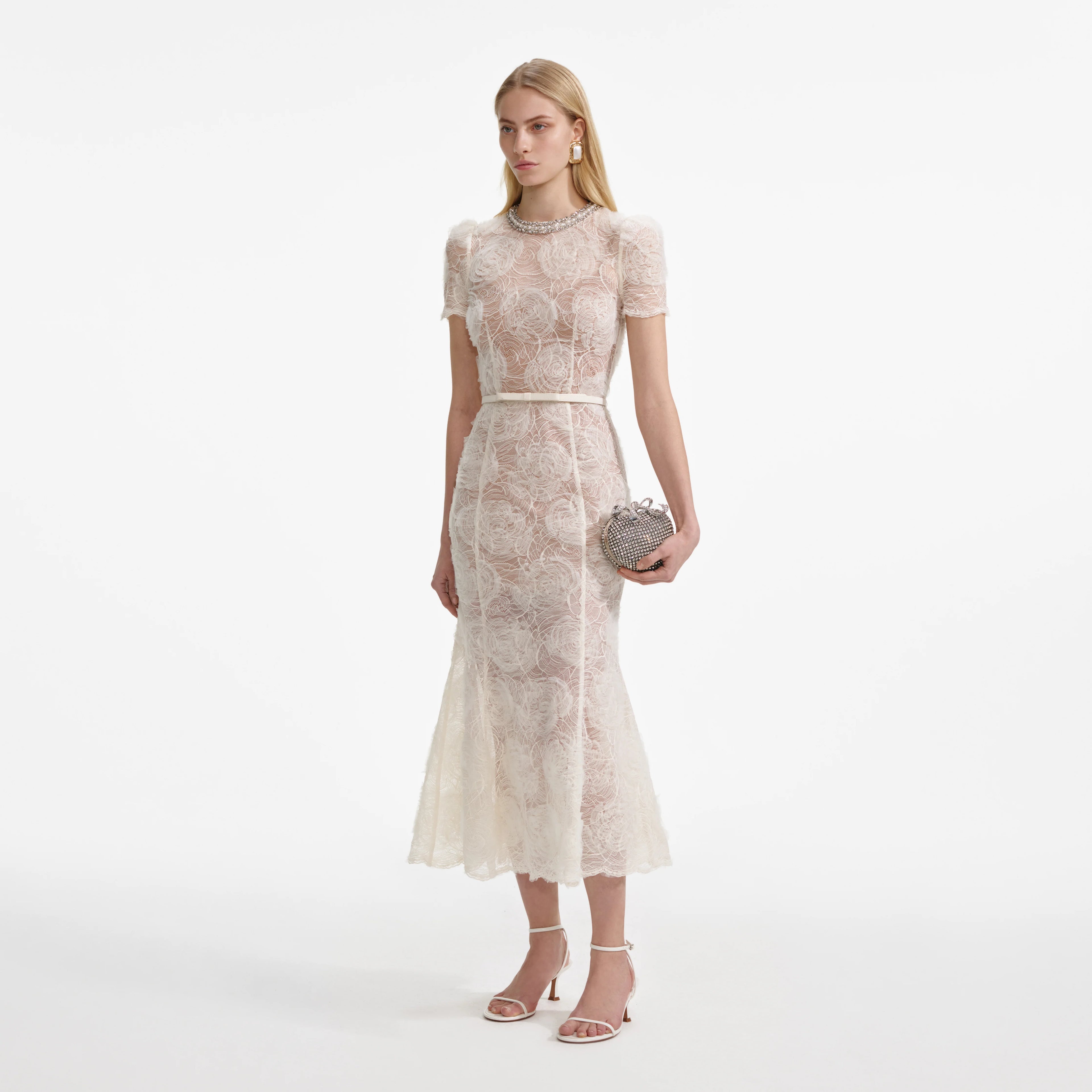Cream Tulle Lace Midi Dress