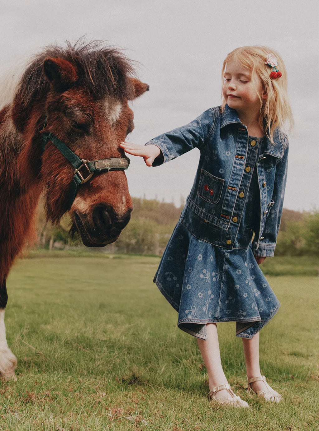 Denim Cherry Bow Printed Jacket