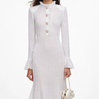 White Pointelle Knit Flare Midi Dress