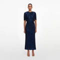 Navy Rhinestone Cape Sleeve Midi Dress