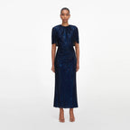 Navy Rhinestone Cape Sleeve Midi Dress