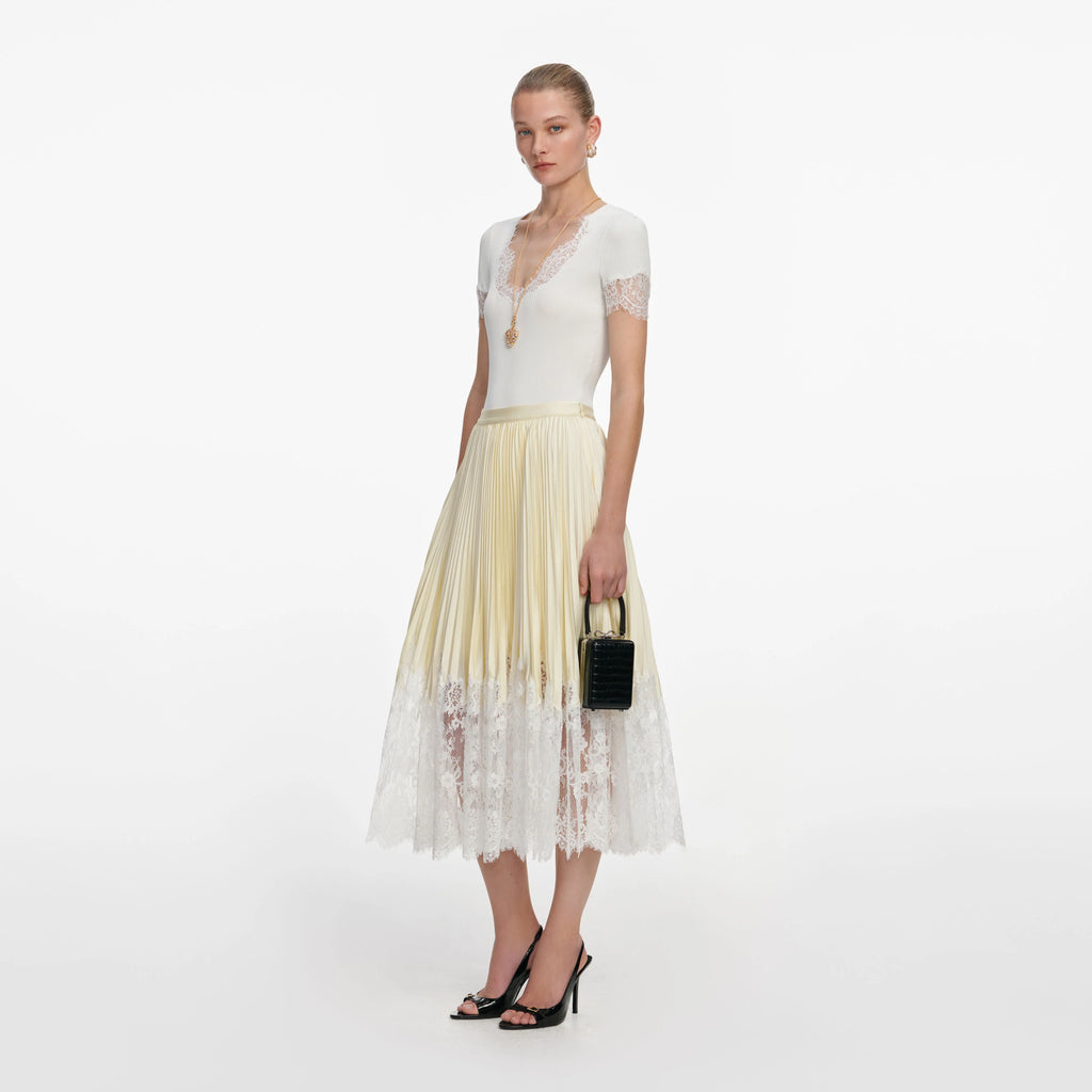 Yellow Satin Lace Midi Skirt