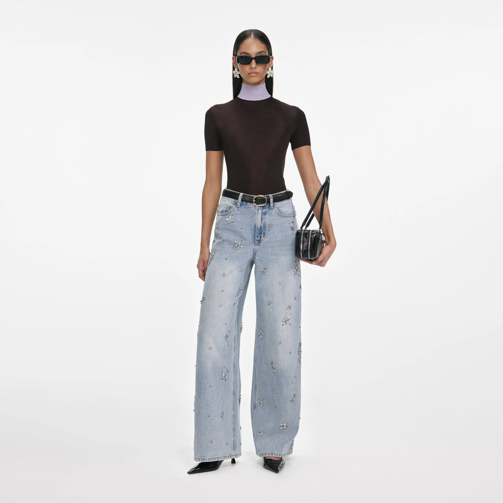 Light Blue Embellished Wide Leg Jeans